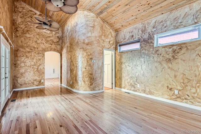 additional living space featuring ceiling fan, light hardwood / wood-style floors, wood ceiling, and high vaulted ceiling