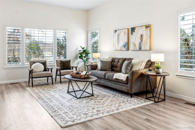 living room with a healthy amount of sunlight and light hardwood / wood-style floors