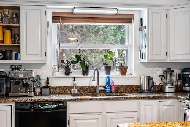 2730 S Jay St, Denver, CO 80227 - kitchen with black dishwasher, white cabinetry, open shelves, and dark stone countertops