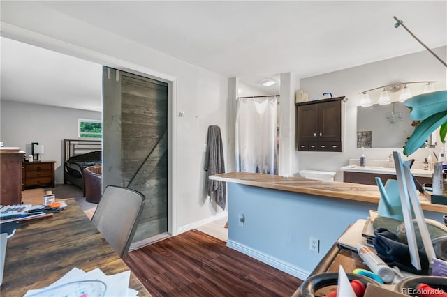 2730 S Jay St, Denver, CO 80227 - bathroom with vanity, wood finished floors, and a shower with shower curtain