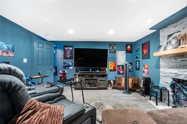 2730 S Jay St, Denver, CO 80227 - living room with carpet, a fireplace, and recessed lighting