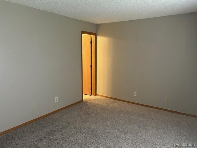empty room with carpet floors, baseboards, and a textured ceiling