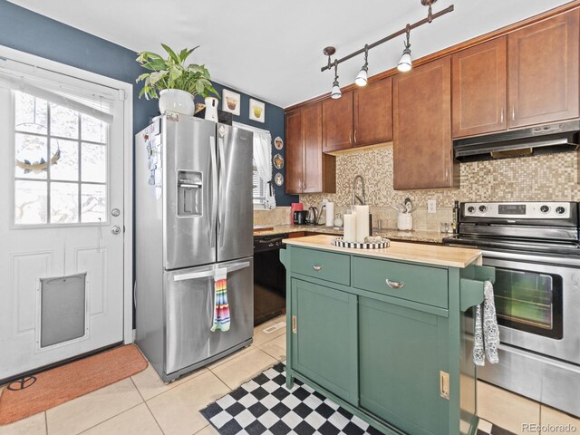 1221 Ulster St, Denver, CO 80220 - kitchen with appliances with stainless steel finishes, under cabinet range hood, green cabinets, and plenty of natural light