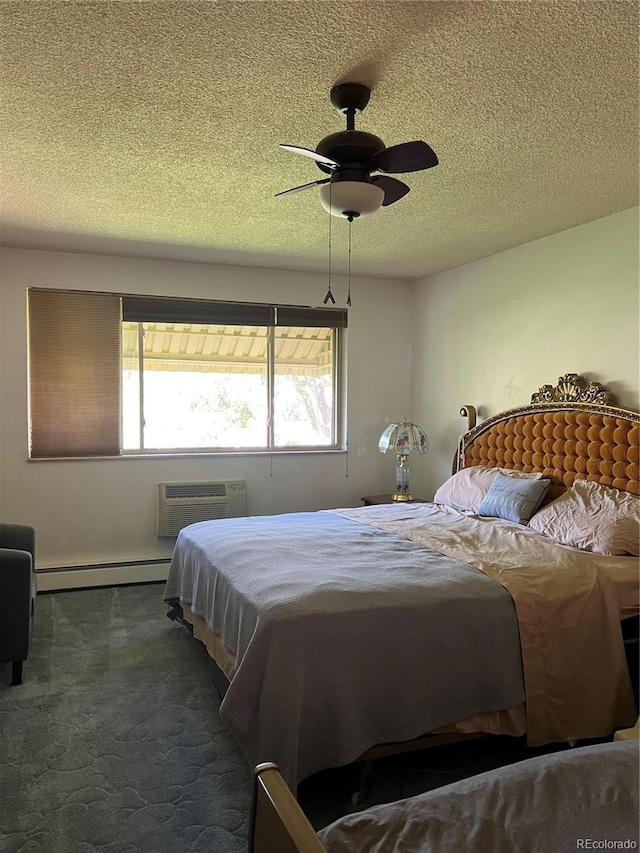 carpeted bedroom with ceiling fan, a textured ceiling, a baseboard heating unit, and a wall mounted AC