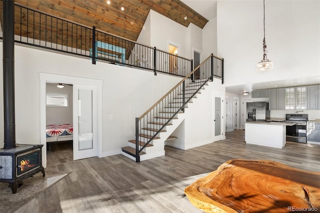 living room featuring dark hardwood / wood-style flooring, a towering ceiling, and a wood stove