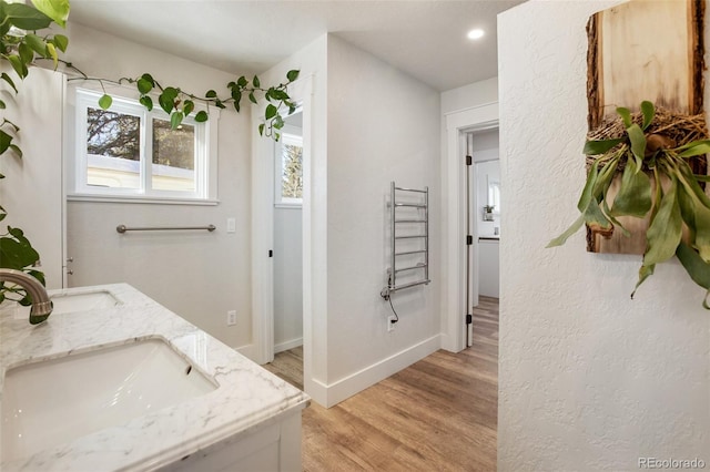 bathroom featuring hardwood / wood-style floors, vanity, and radiator heating unit