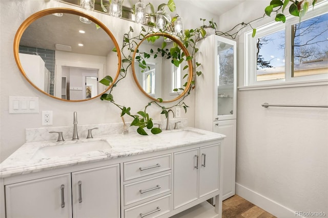 bathroom with vanity and wood-type flooring