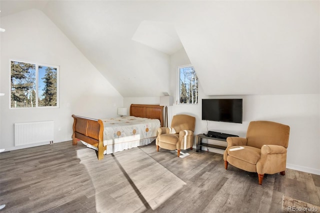 bedroom with wood-type flooring, vaulted ceiling, and radiator