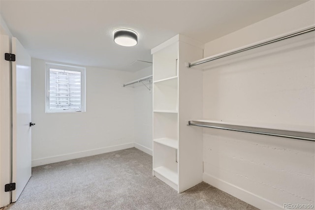 walk in closet featuring light carpet