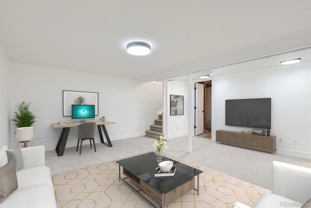 living room with light colored carpet, baseboards, and stairs