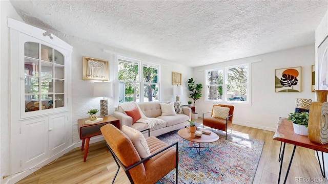 living area with a textured ceiling, light wood-style flooring, and a healthy amount of sunlight