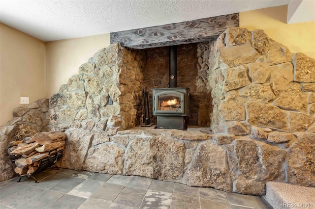 162 Pine Trl, Bailey, CO 80421 - detailed view of a textured ceiling and a wood stove