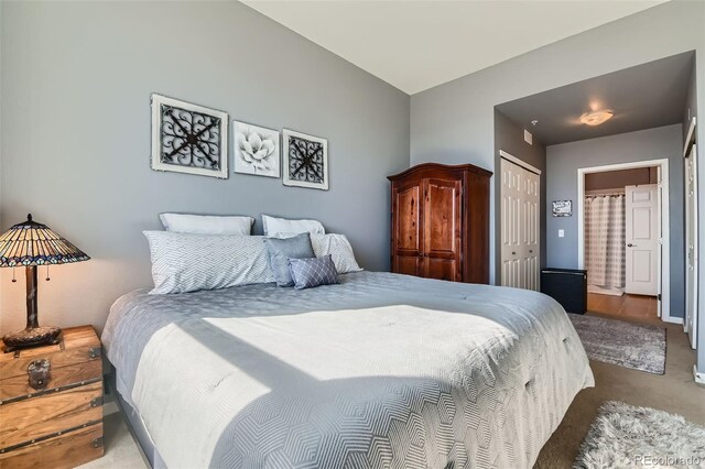 carpeted bedroom with a closet