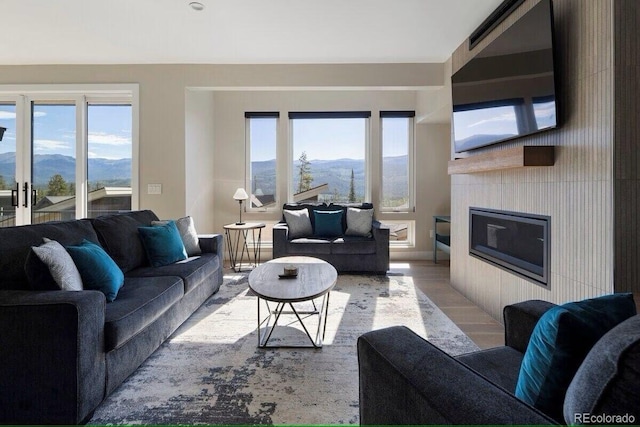 387 Bear Trl, Winter Park, CO 80482 - living area featuring a mountain view, healthy amount of natural light, and a glass covered fireplace