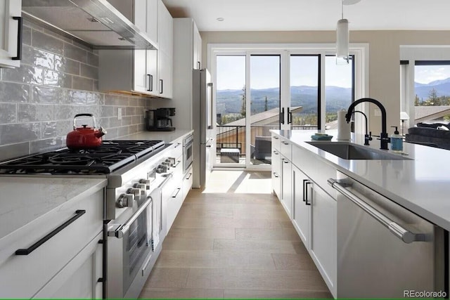 387 Bear Trl, Winter Park, CO 80482 - kitchen featuring appliances with stainless steel finishes, wall chimney exhaust hood, a sink, a mountain view, and decorative backsplash