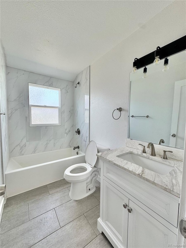 full bath with a textured ceiling, toilet, vanity, and bathing tub / shower combination