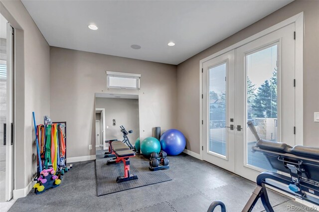 15902 W 64th Ave, Arvada, CO 80007 - workout area with french doors, baseboards, and recessed lighting
