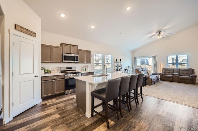 kitchen featuring sink, a kitchen breakfast bar, a kitchen island with sink, stainless steel appliances, and dark wood-type flooring