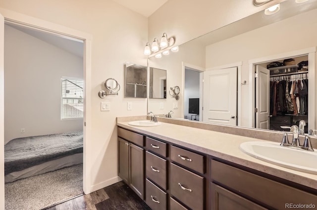 bathroom featuring hardwood / wood-style flooring and vanity