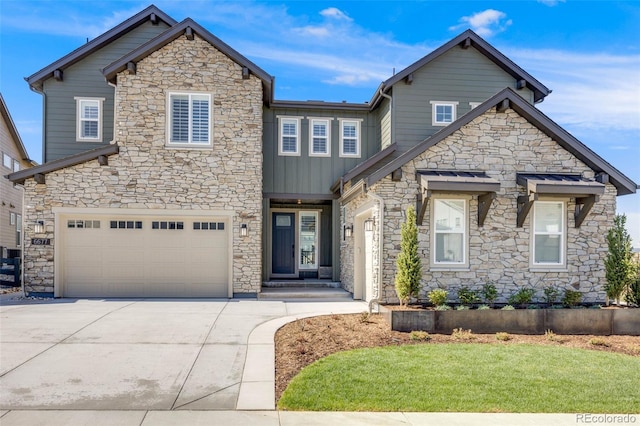 6677 Crossbridge Cir, Castle Pines, CO 80108 - craftsman house with stone siding, driveway, an attached garage, and board and batten siding