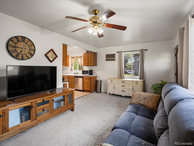 6801 W 52nd Ave, Arvada, CO 80002 - living room with light colored carpet, ceiling fan, and plenty of natural light