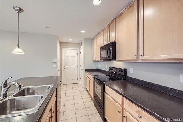 kitchen with sink, black appliances, light brown cabinetry, and light tile patterned floors