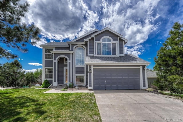 3630 Sawgrass Trl, Castle Rock, CO 80109 - traditional-style home featuring driveway, a front yard, a garage, and a shingled roof