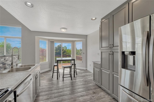 3630 Sawgrass Trl, Castle Rock, CO 80109 - kitchen featuring appliances with stainless steel finishes, a sink, a textured ceiling, baseboards, and wood finished floors