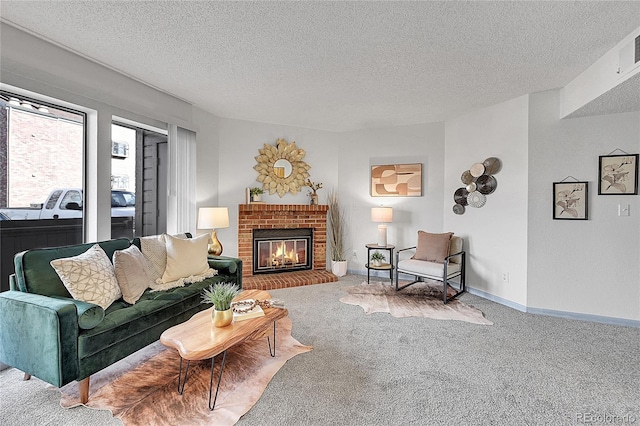 carpeted living room with a textured ceiling and a brick fireplace