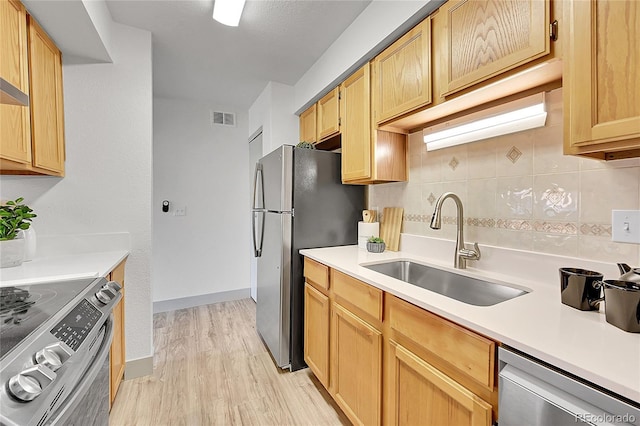 kitchen featuring decorative backsplash, sink, light wood-type flooring, and appliances with stainless steel finishes