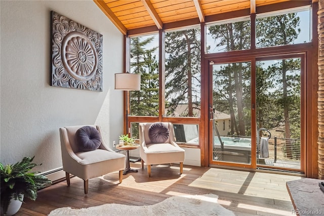 31607 Broadmoor Dr, Evergreen, CO 80439 - sunroom with wood-type flooring, a textured wall, wooden ceiling, and a wooden deck