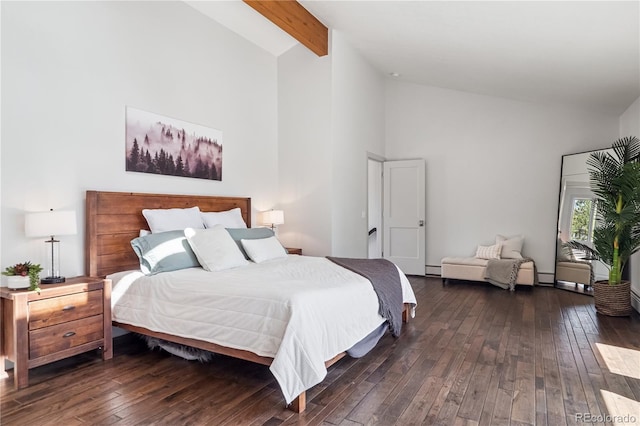 31607 Broadmoor Dr, Evergreen, CO 80439 - bedroom with high vaulted ceiling, hardwood / wood-style flooring, beam ceiling, and baseboard heating