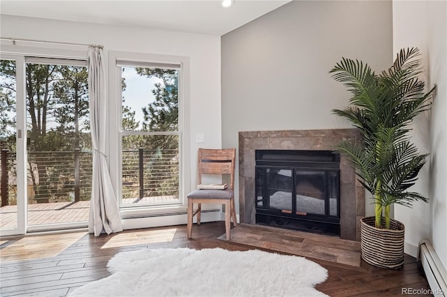31607 Broadmoor Dr, Evergreen, CO 80439 - living area with baseboard heating, plenty of natural light, hardwood / wood-style flooring, and recessed lighting