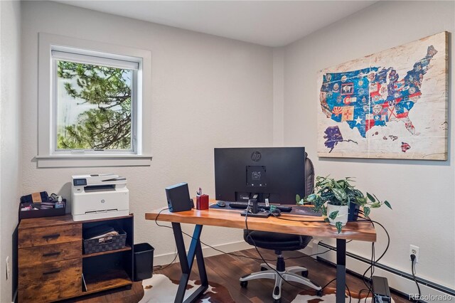 31607 Broadmoor Dr, Evergreen, CO 80439 - office area with wood finished floors, baseboards, and a baseboard radiator