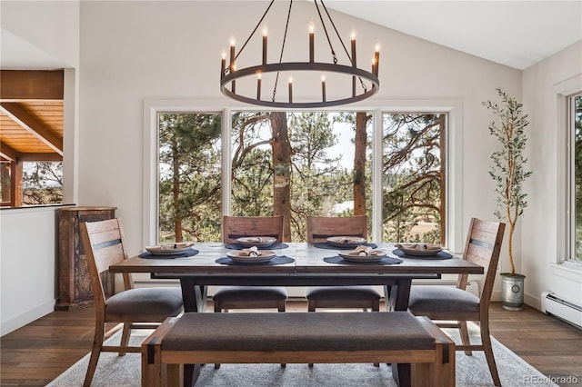 31607 Broadmoor Dr, Evergreen, CO 80439 - dining area featuring plenty of natural light, wood finished floors, baseboard heating, and lofted ceiling