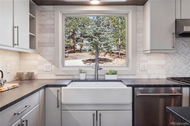 31607 Broadmoor Dr, Evergreen, CO 80439 - kitchen with stainless steel dishwasher, open shelves, a sink, ventilation hood, and decorative backsplash