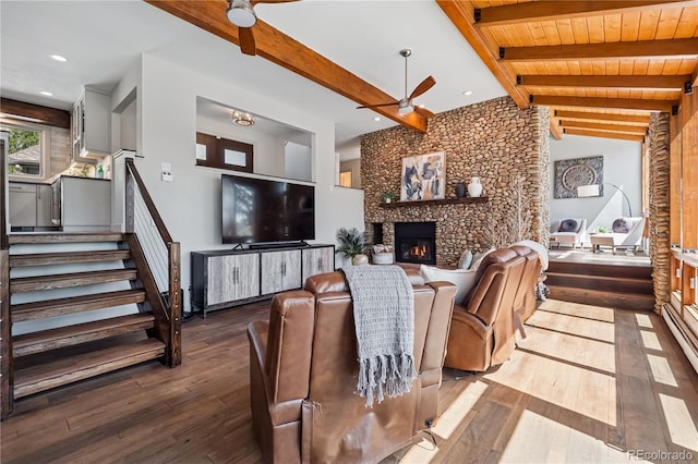 31607 Broadmoor Dr, Evergreen, CO 80439 - living area with ceiling fan, wood-type flooring, a fireplace, and stairway
