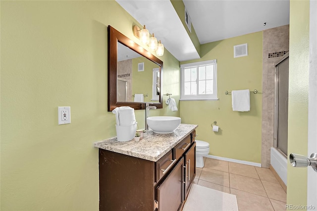 full bath with tile patterned flooring, visible vents, vanity, and toilet