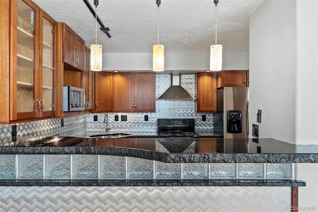 kitchen with appliances with stainless steel finishes, tasteful backsplash, sink, wall chimney range hood, and decorative light fixtures