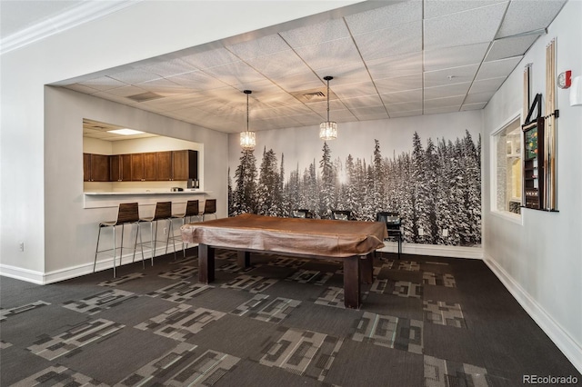 playroom with dark colored carpet, a drop ceiling, and pool table