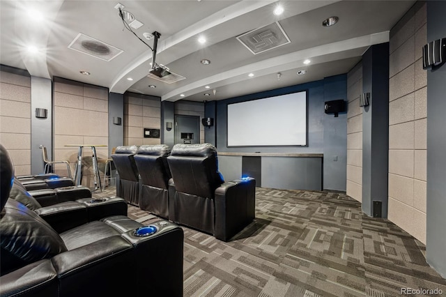 cinema with carpet flooring, recessed lighting, and visible vents