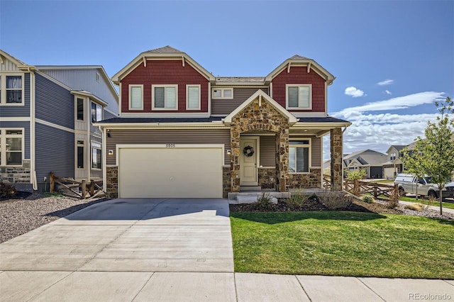 craftsman house with stone siding, concrete driveway, an attached garage, and a front lawn
