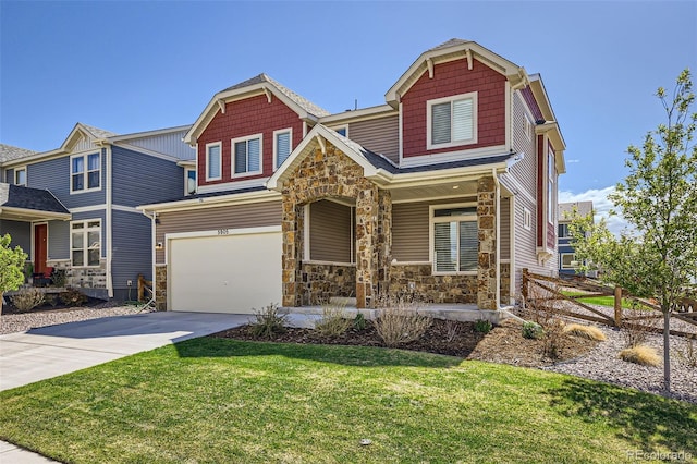 craftsman-style house featuring covered porch, an attached garage, stone siding, and driveway