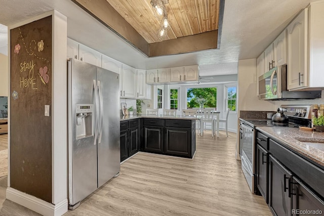 1572 W Long Ave, Littleton, CO 80120 - kitchen featuring stainless steel appliances, light wood-style flooring, dark cabinetry, light stone countertops, and wood ceiling