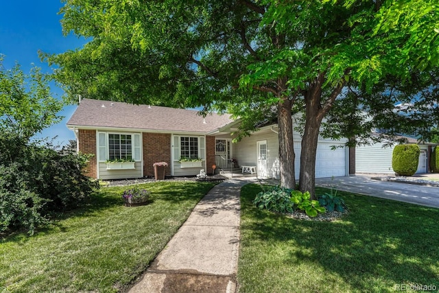 1572 W Long Ave, Littleton, CO 80120 - ranch-style house with concrete driveway, an attached garage, a front yard, and brick siding
