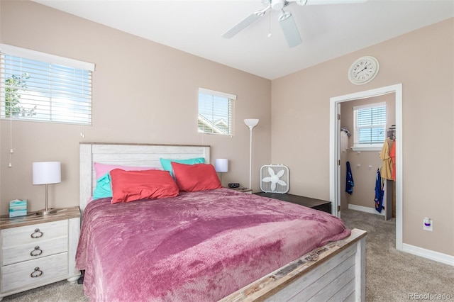 bedroom with a walk in closet, light carpet, and ceiling fan