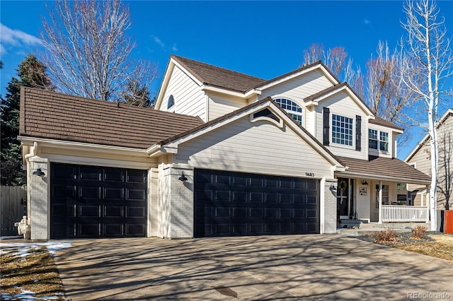 traditional home with a garage, brick siding, a porch, and driveway