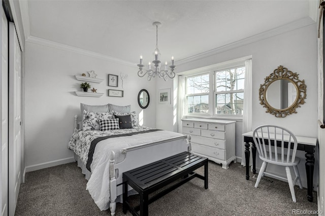 carpeted bedroom with baseboards, a notable chandelier, and crown molding