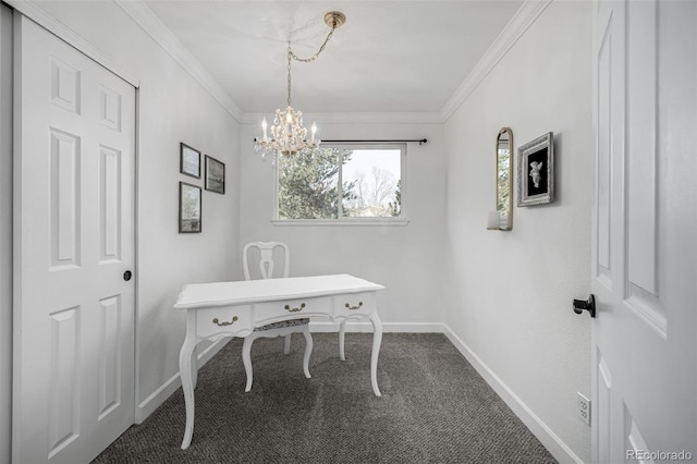 office space with a chandelier, baseboards, crown molding, and carpet