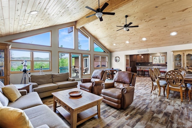 116 County Road 414, Granby, CO 80446 - living room with recessed lighting, dark wood-type flooring, a ceiling fan, a wood ceiling with exposed beams, and high vaulted ceiling